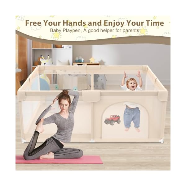 Playpen for babies and toddlers 79x71inch extra large baby gate play pen with soft breathable mesh cover indoor and outdoor baby playard portable playpen for babies apricot  urban country home decor
