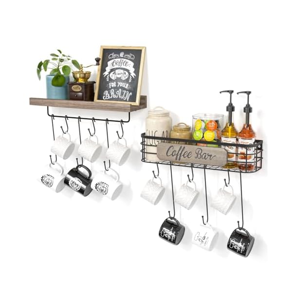   Coffee-Mug-Holder-Organizer-2-Pack-with-12-Mug-Hooks-Mug-Rack-Wall-Mounted-with-Coffee-Bar-Sign-Farmhouse-Coffee-Accessories-and-Organizer-with-Metal-Basket-Floating-Shelves-for-Wall-Weathered-Walnut