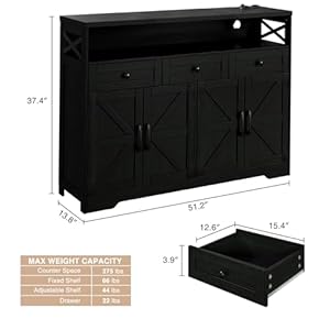 51 Black Buffet Sideboard Cabinet with Storage Farmhouse Kitchen Storage Pantry Cabinet with Drawers Wood Cupboard Hutch Cabinet Coffee Bar Station Table for Kitchen Living Room Dining Room