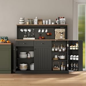 Sideboard Buffet Cabinet with 2 Drawers, Farmhouse Kitchen Pantry with Adjustable Shelves, Coffee Bar Cupboard Cabinet with 3 Doors for Kitchen, Dining Room (Black) Sideboard Buffet Cabinet with 2 Drawers Farmhouse Kitchen Pantry with Adjustable Shelves Coffee Bar Cupboard Cabinet with 3 Doors for Kitchen Dining Room Black