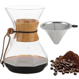 Mongdio 27 Oz Pour Over Coffee Maker with Stainless Steel Filter and Wooden Collar Holder Borosilicate Glass Coffee Maker for Camping Home 800ML27OZ Clear