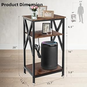 Toocust 3 tier end table with charging station 16 w x 12 d x 28 h metal and brown bedside table with usb ports and outlets x shaped side table with wheels for living room bedroom kitchen  urban country home decor