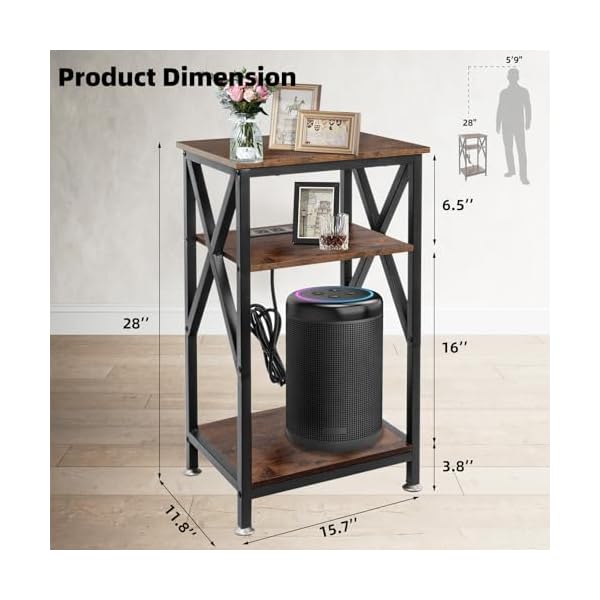Toocust 3 tier end table with charging station 16 w x 12 d x 28 h metal and brown bedside table with usb ports and outlets x shaped side table with wheels for living room bedroom kitchen  urban country home decor