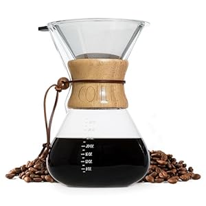 Rae Dunn Glass Pour Over Coffee Maker 34oz Carafe with Reusable Stainless Steel Filter and Elegant Bamboo Finish Great for Brewing Coffee