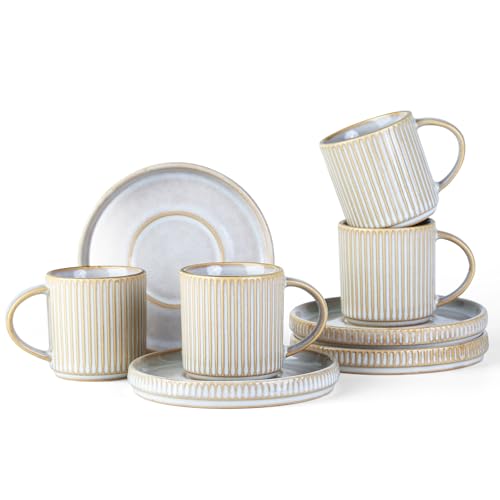 famiware Star Espresso Cups and Saucers Set of 4 Mini 3 oz Ceramic Small Coffee Mug with Handle Ribbed Stoneware Demitasse Cup for Tea Latte Microwave Dishwasher Safe Cappuccino White