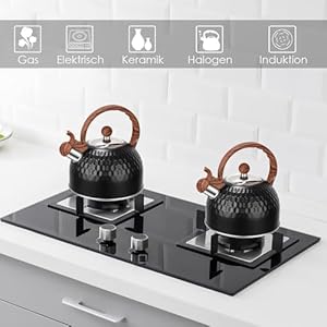 Tea pot stovetop 85 oz 25 l whistling tea kettle for stove top food grade stainless steel water kettle with wood pattern handle for coffeeteamilk etc kettle pot gas electric applicable black  urban country home decor