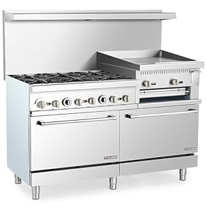 60″ Liquid Propane Gas Range with 2 Ovens 24″ Griddle Broiler, Dual Oven Gas Stove with Total 282,000 BTU, 6 Burner Commercial Gas Range with Natural Gas Conversion Kit for Restaurant Kitchen