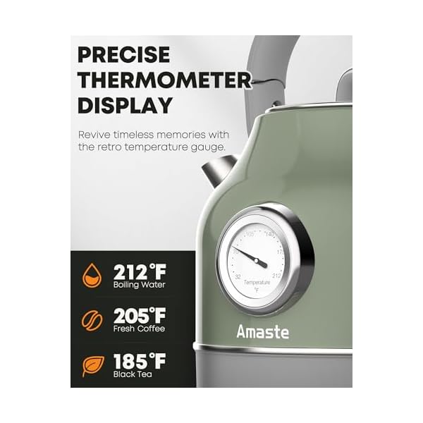 Amaste electric kettle retro electric tea kettle with thermometer 57 oz hot water kettle for coffee tea 304 stainless steel 1500w fast boiling auto shut off boil dry protection matcha green  urban country home decor