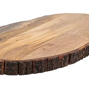 GoCraft Oval Wooden Cutting Board with Tree Bark Rim Mango Wood Live Edge Chopping Prep Serve Board Charcuterie Platter 17 x 10