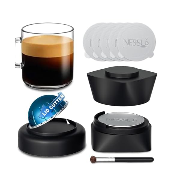   NESSUS-Refill-Kit-for-Reusable-Nespresso-Vertuo-Pods-Lid-Quick-Opener-for-Original-Seal-50PCS-Aluminum-Foil-Lids-Tamp-Press-Refillable-Vertuo-Capsules-Holder-and-Brush