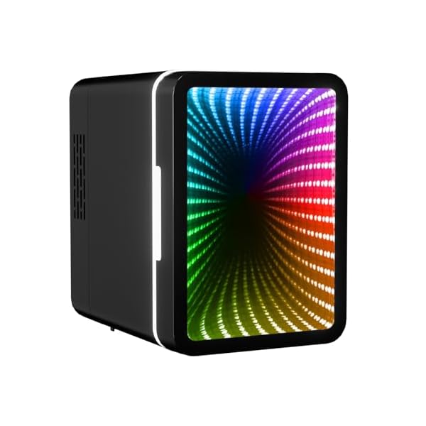   Mini-Fridge-6-Cans-Small-Refrigerator-With-LED-Light-ACDC-Thermoelectric-Cooler-and-Warmer-Ideal-for-Bedroom-Office-Gaming-Room-and-Car-12-Colors-Light-Effects-Mirror-Screen-Door