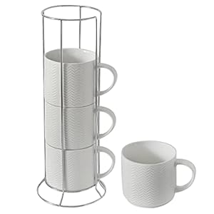 Hasense Coffee Mugs Set of 4 with Stand 15 oz Porcelain Stackable Coffee Cups Set with handle for Tea Latte Milk and Cappuccino White Embossed Tea Cups Set with Geometric Pattern for Men and Women