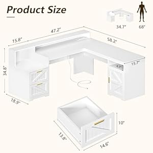 63 farmhouse l shaped executive desk with drawers storage shelf corner computer desk with power outlets l shaped office desk with monitor stand printer shelf white  urban country home decor