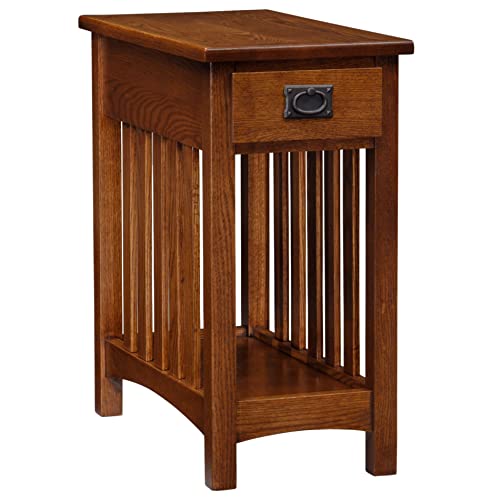 Leick Home 8202 Mission Impeccable End Table with Drawer Made with Solid Wood Narrow Side Table for Living Room Bedroom Medium Oak Finish