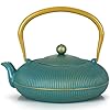 Green Cast Iron Teapot Large Capacity 40oz1200ml with Infuser for Loose Leaf Stovetop Safe Vertical Stripe Flat Tea Kettle Enameled Interior