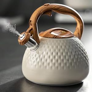 Tea kettle 27 quart with wood pattern handle loud whistle food grade stainless steel teapot anti hot handle and anti rust suitable for all heat sources  urban country home decor