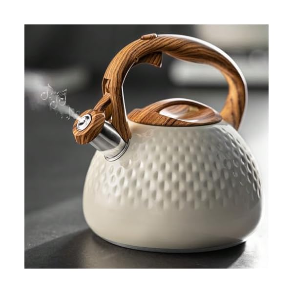 Tea kettle 27 quart with wood pattern handle loud whistle food grade stainless steel teapot anti hot handle and anti rust suitable for all heat sources  urban country home decor