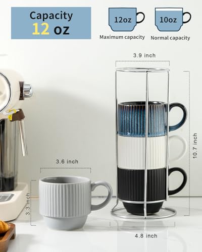 Hasense-Ceramic-Coffee-Mug-Set-of-4-with-Rack-12-oz-Stackable-Coffee-Cups-Ceramic-Modern-Ribbed-Latte-Cup-Sets-for-Cappuccino-Tea-Hot-Cocoa-Drinks-Wedding-Housewarming-Gifts-Multi-Colors Hasense Ceramic Coffee Mug Set of 4 with Rack 12 oz Stackable Coffee Cups Ceramic Modern Ribbed Latte Cup Sets for Cappuccino Tea Hot Cocoa Drinks Wedding Housewarming Gifts Multi Colors