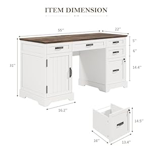 Whalefall 55'' Farmhouse Desk Home Office with Drawers, Executive Computer Desk Wooden with File Cabinet and Charging Station, White Whalefall 55 Farmhouse Desk Home Office with Drawers Executive Computer Desk Wooden with File Cabinet and Charging Station White