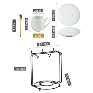 LYEOBOH Espresso Cups with Saucers Set 3 Ounces Coffee Cups with Metal Stand and Spoons Ceramic Cappuccino Coffee Cups Demitasse Cups for Espresso Latte Cafe Mocha and Tea Set of 6 White