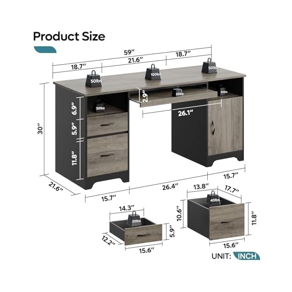   Bestier-59-Executive-Desk-with-2-Drawers-Computer-Desk-with-Storage-Cabinet-Industrial-Wood-Desk-with-File-Drawer-Keyboard-Tray-2-Pedestals-for-Home-Office-Studio-Gray