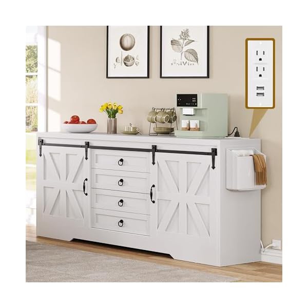 Yitahome 60 farmhouse large buffet sideboard buffet cabinet with 2 barn doors and 4 drawers high buffet table coffee bar storage cabinet wine bar for dining room living room 32 in height white  urban country home decor