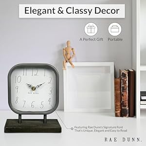 Rae Dunn Desk Clock Battery Operated Modern Metal Rustic Design with Wooden Base for Bedroom Office Kitchen Small Classic Analog Display Chic Home Decor for Desktop Table Countertop