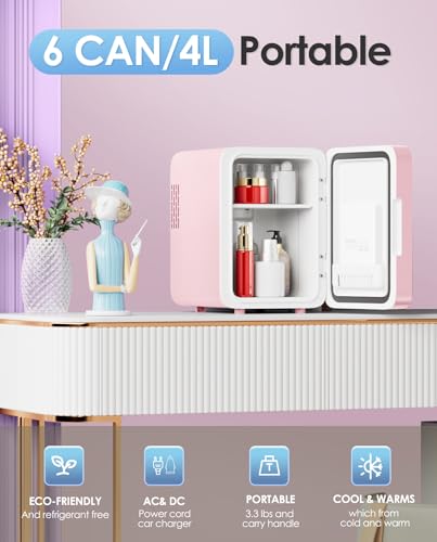 Skincare-Fridge-With-Dimmable-LED-Light-Mirror-4L-Makeup-Mini-Fridge-for-Bedroom-Car-Office-Dorm-Cooler-Warmer-Portable-Small-Refrigerator-for-Cosmetics-Skin-Care-and-Food-Pink Skincare Fridge With Dimmable LED Light Mirror 4L Makeup Mini Fridge for Bedroom Car Office Dorm Cooler Warmer Portable Small Refrigerator for Cosmetics Skin Care and Food Pink