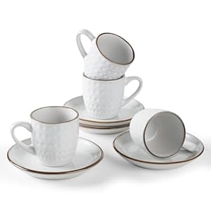 Famiware espresso cups and saucers set of 4 3 oz ceramic small coffee mug with handle embossed stoneware demitasse cup for tea latte microwave dishwasher safe white circle  urban country home decor