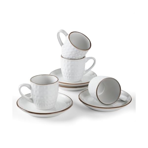 Famiware espresso cups and saucers set of 4 3 oz ceramic small coffee mug with handle embossed stoneware demitasse cup for tea latte microwave dishwasher safe white circle  urban country home decor