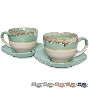 Bosmarlin ceramic cappuccino cup and saucer set of 2 10 oz coffee cups for latte espresso tea dishwasher and microwave safe reavtive glaze green  urban country home decor