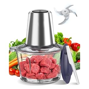 Food Processor Chopper Meat Grinder 2 Speed 500W Electric Meat Chopper with 8 Cup Glass Bowl Bi Level Blades for Kitchen Home Use Baby Food Onion Vegetables Silver