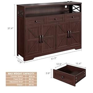 51 dark brown buffet sideboard cabinet farmhouse storage cabinet kitchen pantry with shelf and drawers wood cupboard hutch cabinet coffee bar station table for kitchen living room dining room  urban country home decor