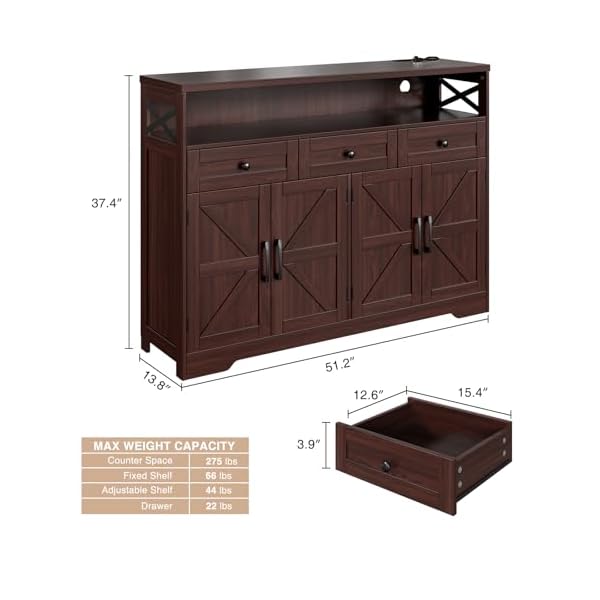 51 dark brown buffet sideboard cabinet farmhouse storage cabinet kitchen pantry with shelf and drawers wood cupboard hutch cabinet coffee bar station table for kitchen living room dining room  urban country home decor