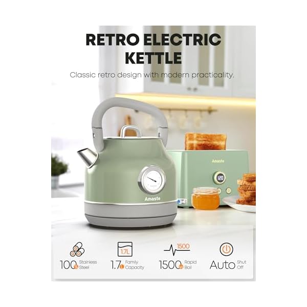Amaste electric kettle retro electric tea kettle with thermometer 57 oz hot water kettle for coffee tea 304 stainless steel 1500w fast boiling auto shut off boil dry protection matcha green  urban country home decor