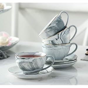 FUYU Gold Edge Marble Ceramic Espresso Coffee Cup and Saucer Set Tea Cup