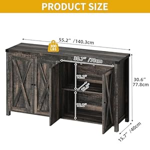 DWVO 55 Sideboard Buffet Cabinet with Storage Farmhouse Kitchen Storage Cabinet with 4 Doors Large Coffee Bar Cabinet with Adjustable Shelves for Kitchen Living Room Dark Oak