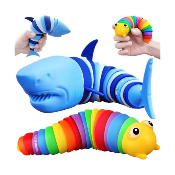 2 Pieces Articulated Fidget Toy, Rainbow Caterpillar Toy Ocean Shark Decompression Toys, Stim Toy Decompression Fun Autism ADHD Fidgeting Children’s Toys Adults (Shark and Caterpillar)