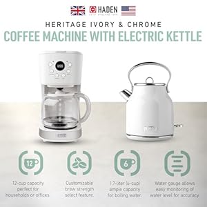  HADEN-Coffee-Machine-12-Cup-Drip-Coffee-Maker-Bundled-with-Heritage-17-Liter-Stainless-Steel-Electric-Kettle-Ivory-Chrome