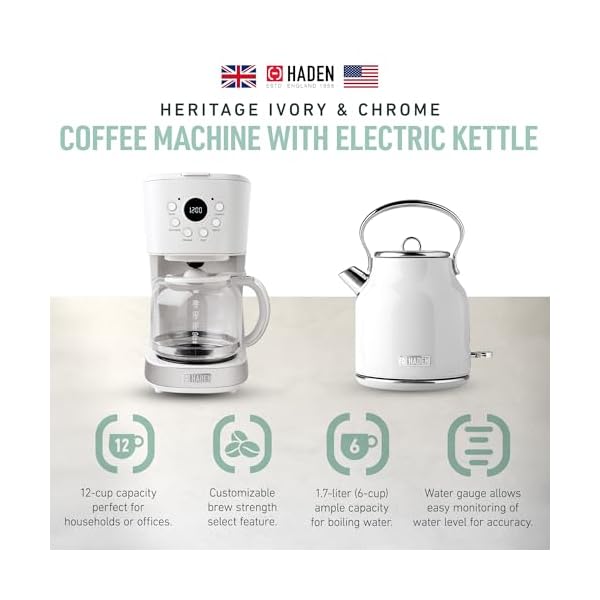   HADEN-Coffee-Machine-12-Cup-Drip-Coffee-Maker-Bundled-with-Heritage-17-Liter-Stainless-Steel-Electric-Kettle-Ivory-Chrome
