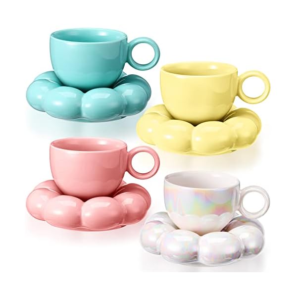   Sumind-Ceramic-Coffee-Mug-with-Sunflower-Coaster-Ceramic-Cloud-Mug-Creative-Cute-Cup-Flower-Cup-Saucer-Set-Pearl-White-Yellow-Blue-Pink-65oz-200ml-for-Office-Home-Coffee-Tea-Latte-Milk4-Sets
