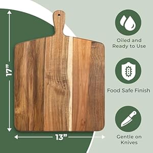 Acacia Wood Cutting Board and Chopping Board with Handle for Meat Cheese Board Vegetables Bread and Charcuterie Decorative Wooden Serving Board for Kitchen and Dining Room Large 17 x 13