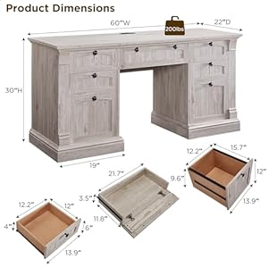 OKD 60 Executive Desk with Drawers Farmhouse Home Office Desk with Charging Station Keyboard Tray File Cabinet Storage Wood Computer Desk for Work and Study Antique Brushed White