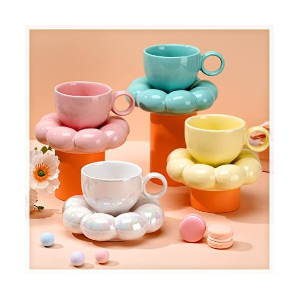   Sumind-Ceramic-Coffee-Mug-with-Sunflower-Coaster-Ceramic-Cloud-Mug-Creative-Cute-Cup-Flower-Cup-Saucer-Set-Pearl-White-Yellow-Blue-Pink-65oz-200ml-for-Office-Home-Coffee-Tea-Latte-Milk4-Sets