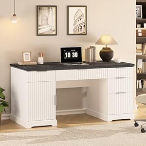 55" Farmhouse Executive Desk, Wood Home Office Desks with Drawers, Computer Desk with Storage Cabinet and Adjustable Shelf, Fluted Writing Desks for Study, Living Room, Antique White 55 Farmhouse Executive Desk Wood Home Office Desks with Drawers Computer Desk with Storage Cabinet and Adjustable Shelf Fluted Writing Desks for Study Living Room Antique White