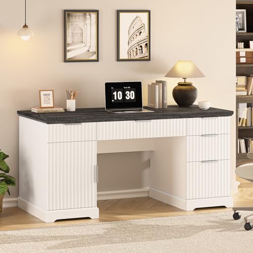 55-Farmhouse-Executive-Desk-Wood-Home-Office-Desks-with-Drawers-Computer-Desk-with-Storage-Cabinet-and-Adjustable-Shelf-Fluted-Writing-Desks-for-Study-Living-Room-Antique-White 55 Farmhouse Executive Desk Wood Home Office Desks with Drawers Computer Desk with Storage Cabinet and Adjustable Shelf Fluted Writing Desks for Study Living Room Antique White