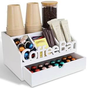 Coffee Bar Organizer Wooden Coffee Station with Drawer K Cup Stand for Countertop White
