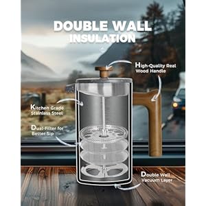 POLIVIAR French Press Coffee Maker, 34 Ounce Coffee Press with Real Wood Handle, Double Wall Insulation & Dual-Filter Screen, Food Grade Stainless Steel for Good Coffee and Tea (Lava) POLIVIAR French Press Coffee Maker 34 Ounce Coffee Press with Real Wood Handle Double Wall Insulation Dual Filter Screen Food Grade Stainless Steel for Good Coffee and Tea Lava