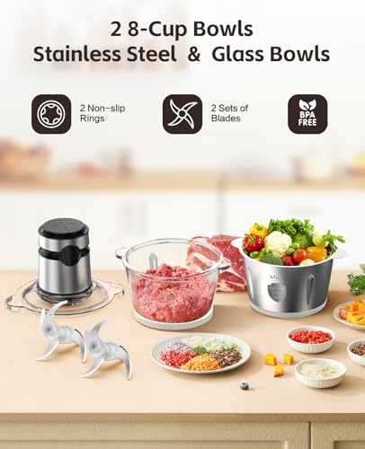 Electric-Food-Processor-Chopper-Meat-Grinder-8-Cup-Veggie-Chopper-with-2-Bowls-2-Speed-Bi-Level-Blades-vegetable-cutter-For-Vegetable-Nuts-Onion-Garlic-Baby-Food-Family-Use Electric Food Processor Chopper Meat Grinder 8 Cup Veggie Chopper with 2 Bowls 2 Speed Bi Level Blades vegetable cutter For Vegetable Nuts Onion Garlic Baby Food Family Use