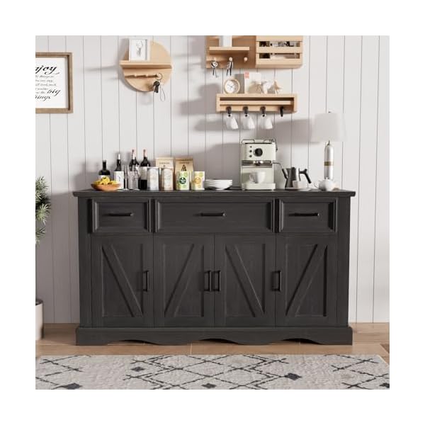 58 large wooden buffet cabinet with storage modern coffee bar and wine bar wave base design multi purpose buffet table with charging station for living roomdining room or kitchenblack  urban country home decor